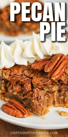 pecan pie on a white plate with whipped cream and pecans in the background