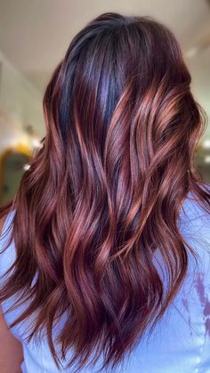 Mahogany Hair With Caramel Highlights, Mahogany Balayage With Highlights, Red Violet Hair With Copper Highlights, Hair Color 2023 Red Brown, Cool Tone Balayage Brunette Red, Raspberry Brunette Hair, Burgundy And Blonde Highlights On Dark Hair, Autumn Tones Hair, Burgundy On Brown Hair