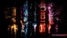 three cartoon characters standing in front of a wall with neon lights on it and one is holding a knife