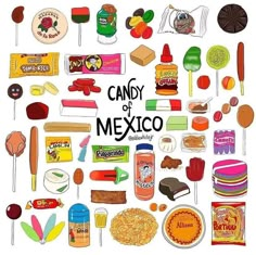 an image of candy and mexican food on a sticker sheet that says candy of mexico