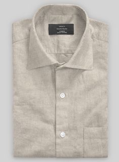 Get ready to embrace summer vibes with our Washed Dark Beige Linen Shirt. Made from breathable linen, this stylish shirt keeps you cool and looking fabulous in a calming beige hue.    Whether lounging by the beach, strolling through the city, or sipping cocktails on a patio,  this shirt is the perfect vacation wardrobe essential for those days when you want to look effortlessly trendy.   Made according to your measurements for the special you.  Pamper yourself, get this shirt made exclusively for you now! Summer Khaki Shirt, Cream Spread Collar Top For Summer, Beige Relaxed Fit Shirt For Vacation, Beige Cotton Shirt For Vacation, Beige Summer Shirt For Vacation, Classic Solid Linen Shirt, Classic Fitted Shirt For Vacation, Classic Fitted Vacation Shirt, Relaxed Fit Beige Summer Shirt