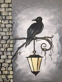 a painting of a black bird sitting on top of a street light next to a brick wall