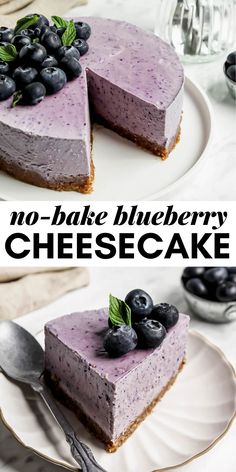 no bake blueberry cheesecake on a plate with a slice cut out and ready to be eaten