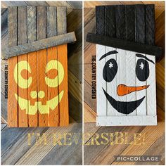 two wooden signs with faces painted on them