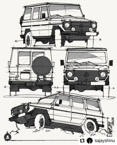 four different vehicles are shown in this black and white drawing, each with wheels on the front