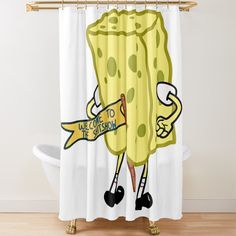 a spongebob shower curtain hanging on a wall