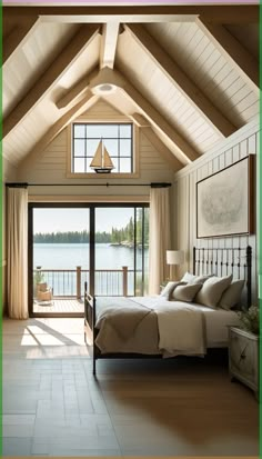 a bedroom with a large bed sitting next to a sliding glass door