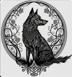 a black and white drawing of a wolf sitting in front of a circle with vines