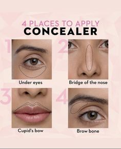 Radiant Makeup Look, Concelear Makeup Tutorial, Concealer Placement Chart, Concealer Only Makeup Look, Where To Apply Makeup, Concealer Tips How To Apply, Where To Apply Concealer, Concealer Tips, Applying Concealer