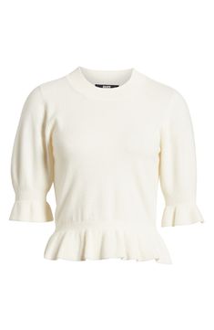 Sweeten your sweater collection with this style that's finely knit from a cashmere-kissed merino blend and finished with a flounced peplum and cuffs. 20 1/2" length (size Medium) Mock neck Elbow-length sleeves 47% merino wool, 38% viscose, 10% nylon, 5% cashmere Hand wash, dry flat Imported White Fine Knit Cashmere Top, Elegant Winter White Fine Knit Top, Chic Cashmere Sweater With Pointelle Knit, Elegant Wool Sweater With Pointelle Knit, Elegant Winter White Fine Knit Sweater, White Merino Wool Fine Knit Top, White Fine Knit Merino Wool Tops, Feminine Fine Knit Sweater, Cream Cashmere Fine Knit Top