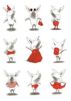 some very cute cartoon animals with different outfits and hats on their heads, all dressed in red