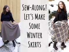 two women standing in the snow wearing skirts and sweaters with words saying sew - along let's make some winter skirts