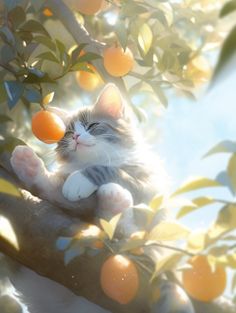 a gray and white cat sitting on top of a tree branch next to an orange