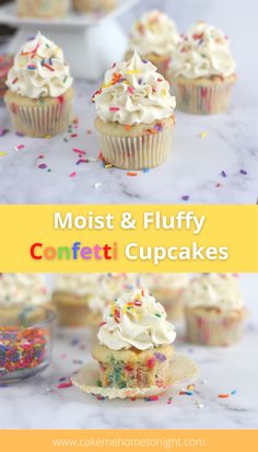 cupcakes with white frosting and sprinkles on top