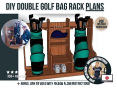 Double Golf Bag Rack Plans: DIY Digital PDF Download Keep your golf equipment organized and easily accessible with our Golf Bag Rack Plans! Designed for golf enthusiasts who want to efficiently store their golf bag and accessories, our detailed plans provide everything you need to build a sturdy and functional golf bag rack. NOTE: If you are looking to build a golf bag rack for just one sets of clubs, check out our other plans we have for that! Features: -Space-Saving Design: Our golf bag rack p Golf Equipment Storage, Golf Bag Storage, Simulator Room, Diy Golf, Golf Simulator Room, Golf Diy, Golf Simulator, Bag Rack, Golf Simulators