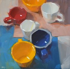 an oil painting of different colored dishes on a blue table cloth with one orange and the other yellow