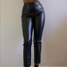 Brand New Never Worn Black Fitted Straight Leg Bottoms, Black Fitted Straight Pants, Fitted Black Leather Pants With Pockets, Fitted Black Leather Pants, Black Fitted Straight Leg Pants, Fitted Black Straight Leg Pants, High Rise Black Bottoms For Fall, Black Non-stretch Leggings With Pockets, Black High-rise Bottoms For Fall