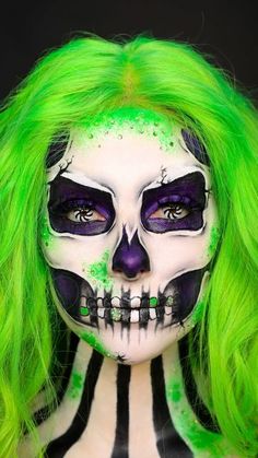 Beautiful Halloween Makeup, Beetlejuice Makeup, Goth Eye Makeup, Monster Makeup, Holloween Makeup, Skeleton Makeup, Neon Makeup