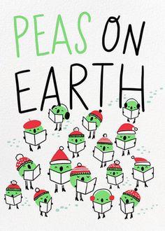 the cover of peas on earth, with green and red cartoon characters in winter hats