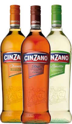 three bottles of cinzano are sitting side by side on a white background,