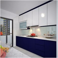 a kitchen with blue cabinets and white counter tops