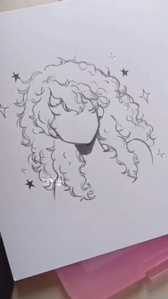 a drawing of a woman's head with stars on the side and her hair blowing in the wind