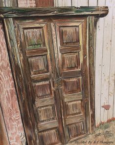 a painting of an old wooden door on the side of a building