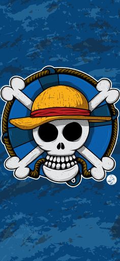 a skull wearing a hat with two crossed bones in front of a blue and yellow background