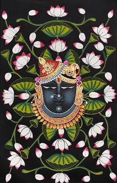 an intricately decorated painting with flowers and leaves on black paper, depicting the face of lord person