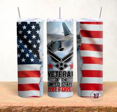 two tumblers with american flags and an air force logo