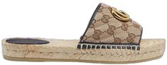 Gucci Leather Beach Espadrilles, Gucci Leather Espadrilles For Beach, Gucci Brown Slip-on Sandals, Gucci Sandals With Woven Sole For Summer, Designer Gucci Espadrilles For The Beach, Luxury Flat Espadrilles For Summer, Luxury Slip-on Espadrilles For Summer, Gucci Brown Sandals For The Beach, Casual Gucci Espadrilles