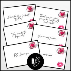 four valentine's day cards with red lipstick on them