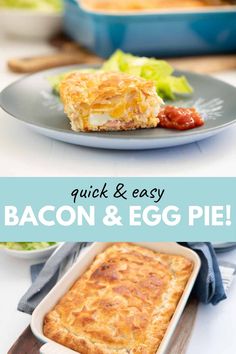 bacon and egg pie on a plate with text overlay