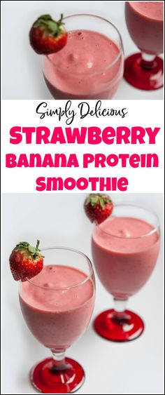 two glasses filled with strawberry banana protein smoothie