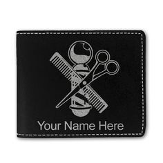 - Leatherette Bifold Wallet closure - Wallet is laser engraved with the image that you see in the photo. - Your name or personalized message will be engraved below the image for free. - Synthetic leather construction. Includes space for bills and 6 credit cards. - You may have one line of engraved text - 20 characters maximum. Personalized Black Bifold Wallet, Personalized Black Wallet, Personalized Black Wallet For Personal Use, Black Bifold Wallet For Personalized Gift, Personalized Rectangular Trifold Wallet, Barber Shop Pole, Leather Bifold Wallet, Bifold Wallet, Barber Shop