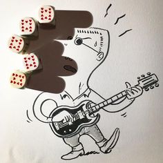 two dices with the image of a man playing guitar and another cartoon character holding a guitar