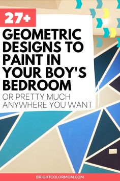 Check out these really cool geometric design ideas for painting the walls in a boy bedroom! Make a small room look bigger with a funky accent wall. There's lots of paint design inspiration to make your boy's bedroom unique and fresh. You can use bright bold colors or soft muted tones and even paint mountains. Many of these ideas have a tutorial attached, but all you really need is some painters masking tape and patience! Geometric patterns on walls really make them POP. #brightcolormom Taped Painted Walls Patterns Geometric, Abstract Paint Ideas For Walls, Blue And Black Accent Wall, Geometric Wall Paint Patterns Bedroom, Geometric Wall Murals Painted, Accent Wall With Tape And Paint, Teen Boy Accent Wall Ideas, Wall Pattern Design Paint, Painting Geometric Patterns On Walls