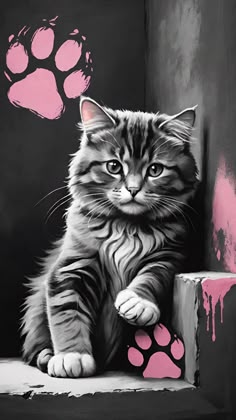 a painting of a cat sitting on some steps