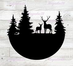 the silhouette of two deers on top of a hill surrounded by trees and pine trees