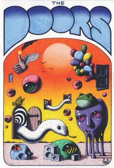 an advertisement for the doors concert poster, with balloons and animals in front of it