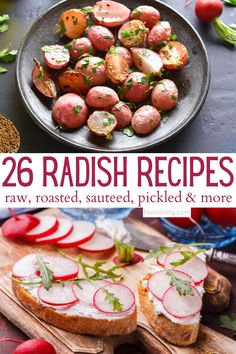 some radish and pickle sandwiches are on a cutting board with the title overlay