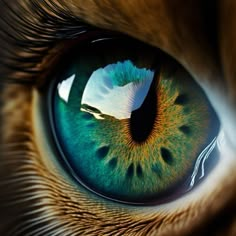 the iris of a cat's eye is reflected in its reflection, which appears to be green and yellow