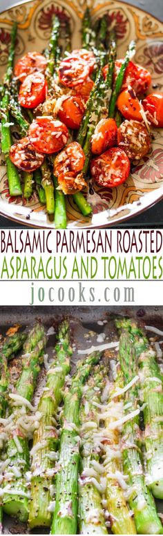 asparagus and tomatoes with balsamic parmesan roasted sauce on top