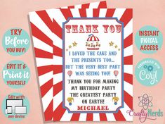 a thank card with the words, thank you and an image of a circus tent