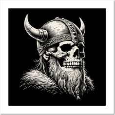 a skull wearing a helmet with horns on it's head and a beard in the middle