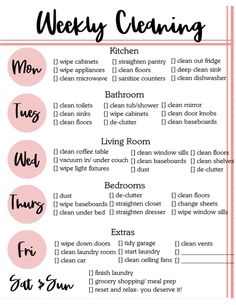 a pink and black cleaning checklist with the words weekly cleaning written in different languages