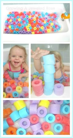 several pictures of children playing in a bathtub with toys and play doughs on the floor