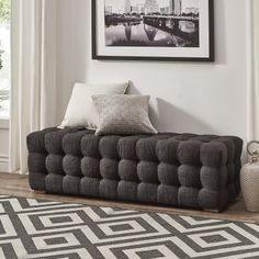 a living room scene with focus on the couch and rug in front of the window