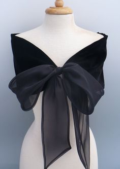 "Black velvet stole tied with black organza bow.   The velvet is rayon and the bow is nylon organza.   Very elegant yet simple and easy to wear.   Does need to be dry cleaned.  The small size is,    38\" long between the bow and 8\" wide. Medium, is 40\" x 8 wide. Large, 42\"x 8\" Extra Large, 44 \" x 8\" Over time this stole can become an heirloom piece.  A perfect accesssory that will go with many styles, new and vintage.  Convo me with any questions, I love to hear from potental customers. To Umgestaltete Shirts, Áo Blu, Detail Couture, Mode Prints, Evening Wraps, فستان سهرة, Formal Wedding, Fashion Details, A Dress