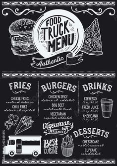 a chalkboard menu for a fast food restaurant on a blackboard background with hand drawn lettering